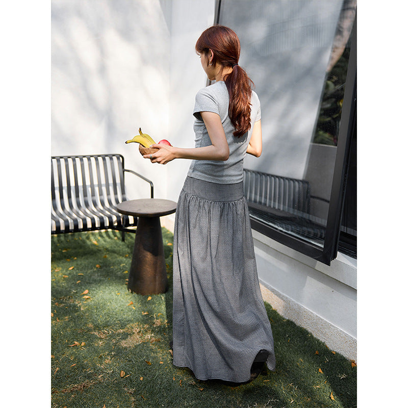 Tencel linen plaid pendulum covering meat and showing thin skirt