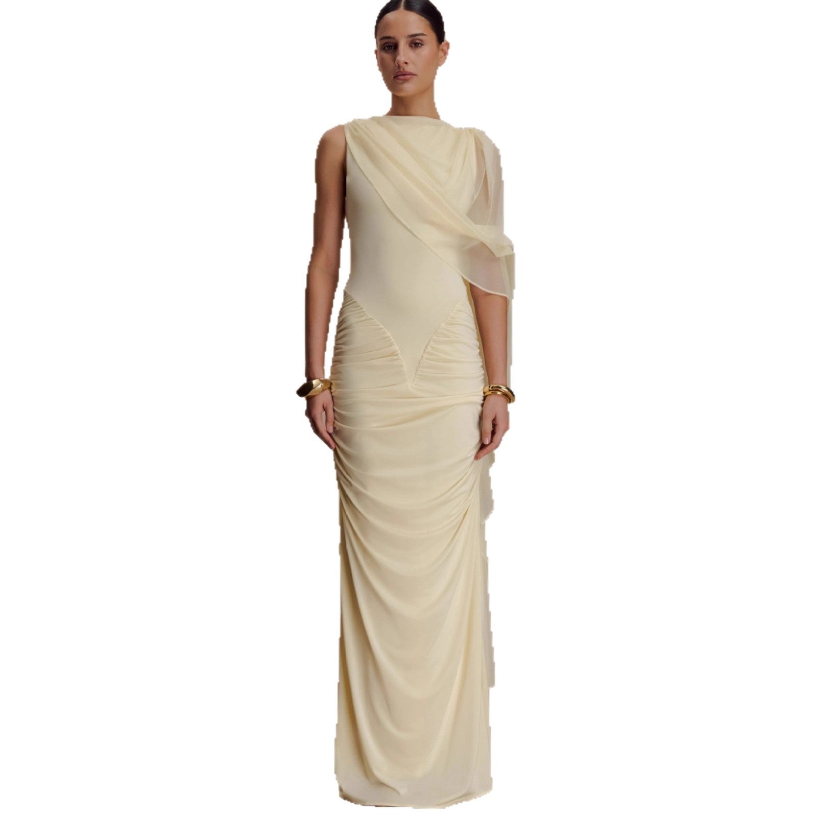 Fashion shawl mesh sexy slim fit pleated resort style dress