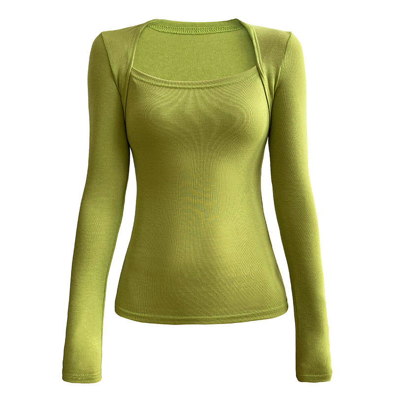 French pure desire long-sleeved square neck t-shirt women's slim and thin fake two-piece top autumn thin bottoming shirt