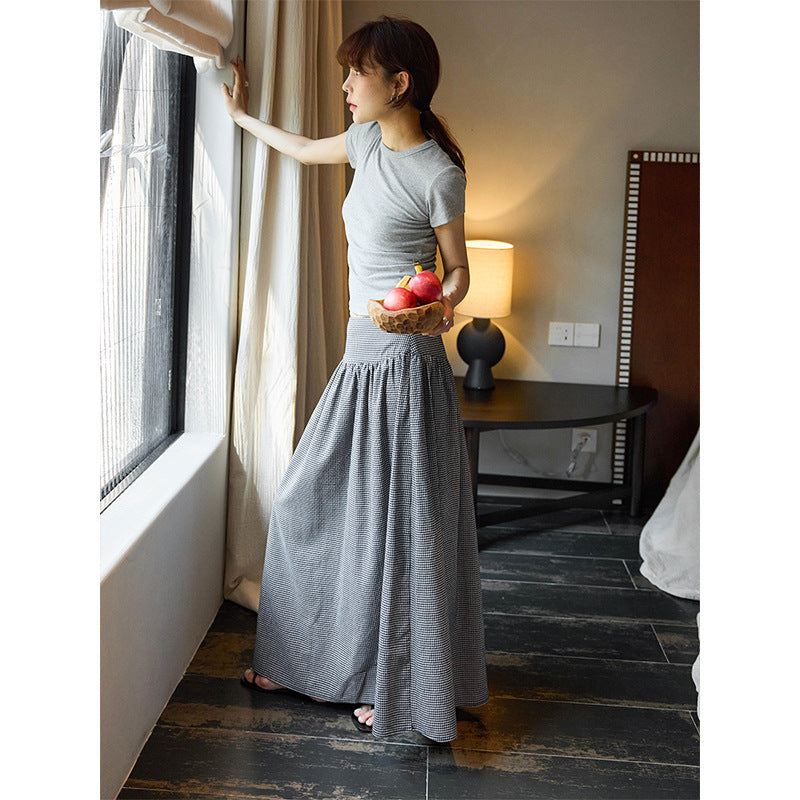 Tencel linen plaid pendulum covering meat and showing thin skirt