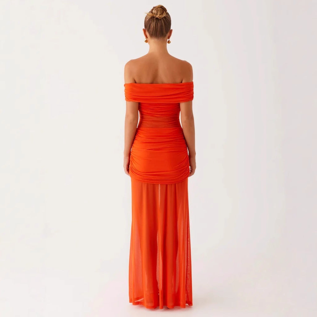 Women's new fashionable and sexy mesh tube top skirt slim-fitting one-word shoulder dress women