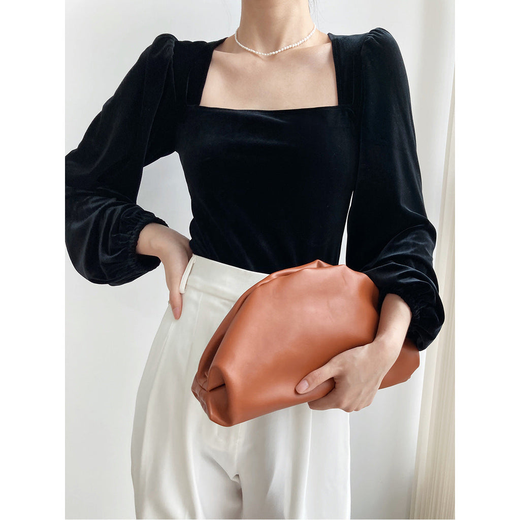 Black gold velvet square neck shirt women's autumn light ripe design bubble sleeve shirt revealing collarbone top