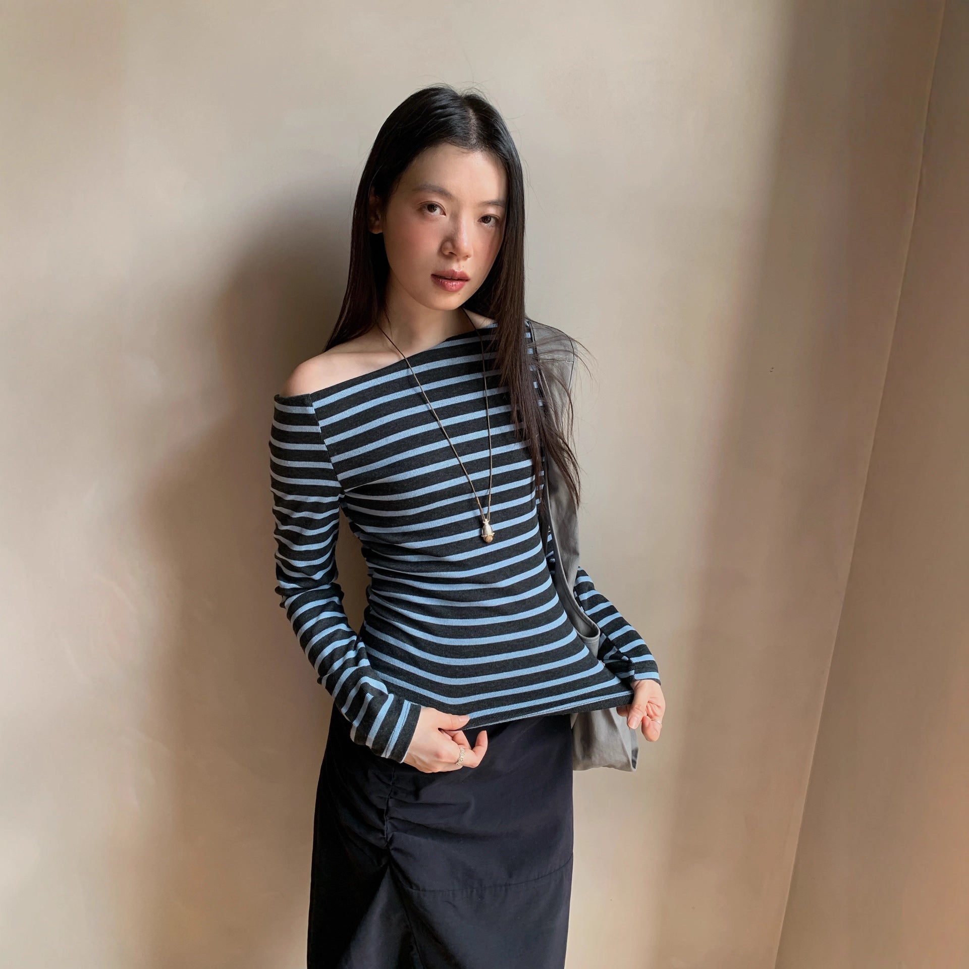 Long Sleeve Slash Shoulder Neck Striped T-Shirt Top