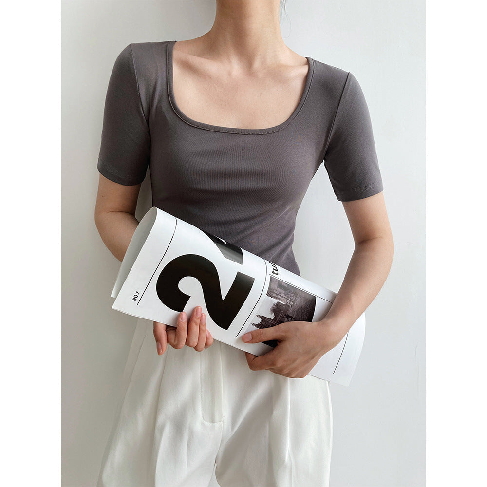 New solid color short square neck short-sleeved T-shirt women's high waist slim-fitting clavicle top