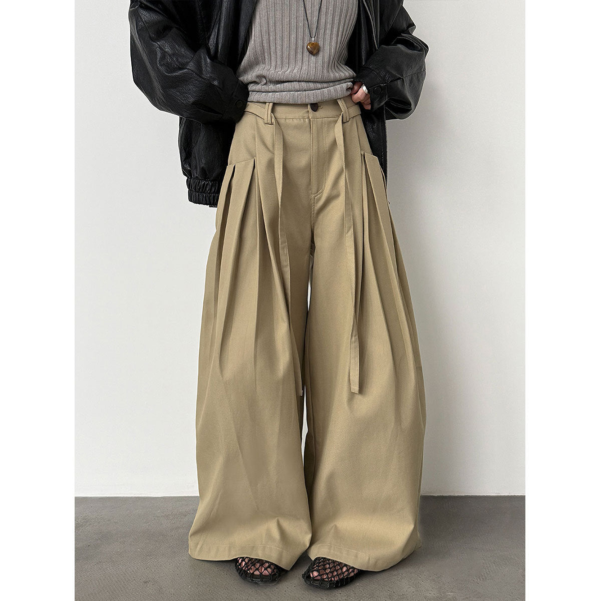 Korean design waist lace-up wide-leg pants women's 26 spring new pleated versatile casual pants