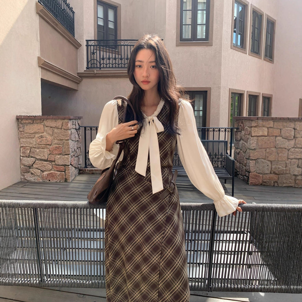 Temperament plaid leather buckle strap fake two-piece dress