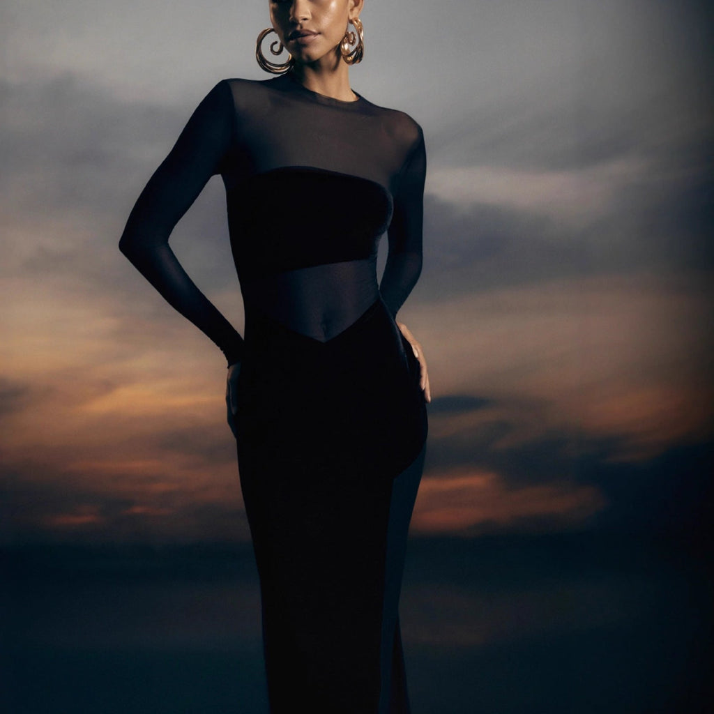Fashion mesh hollowed-out splicing dress perspective sexy hottie long-sleeved autumn and winter dress