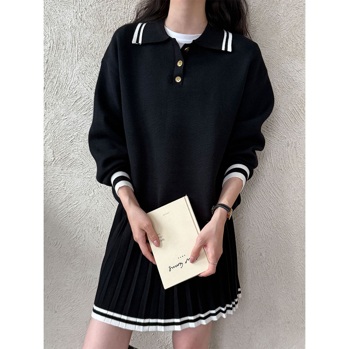 Academy style polo neck sweater + high waist pleated skirt set