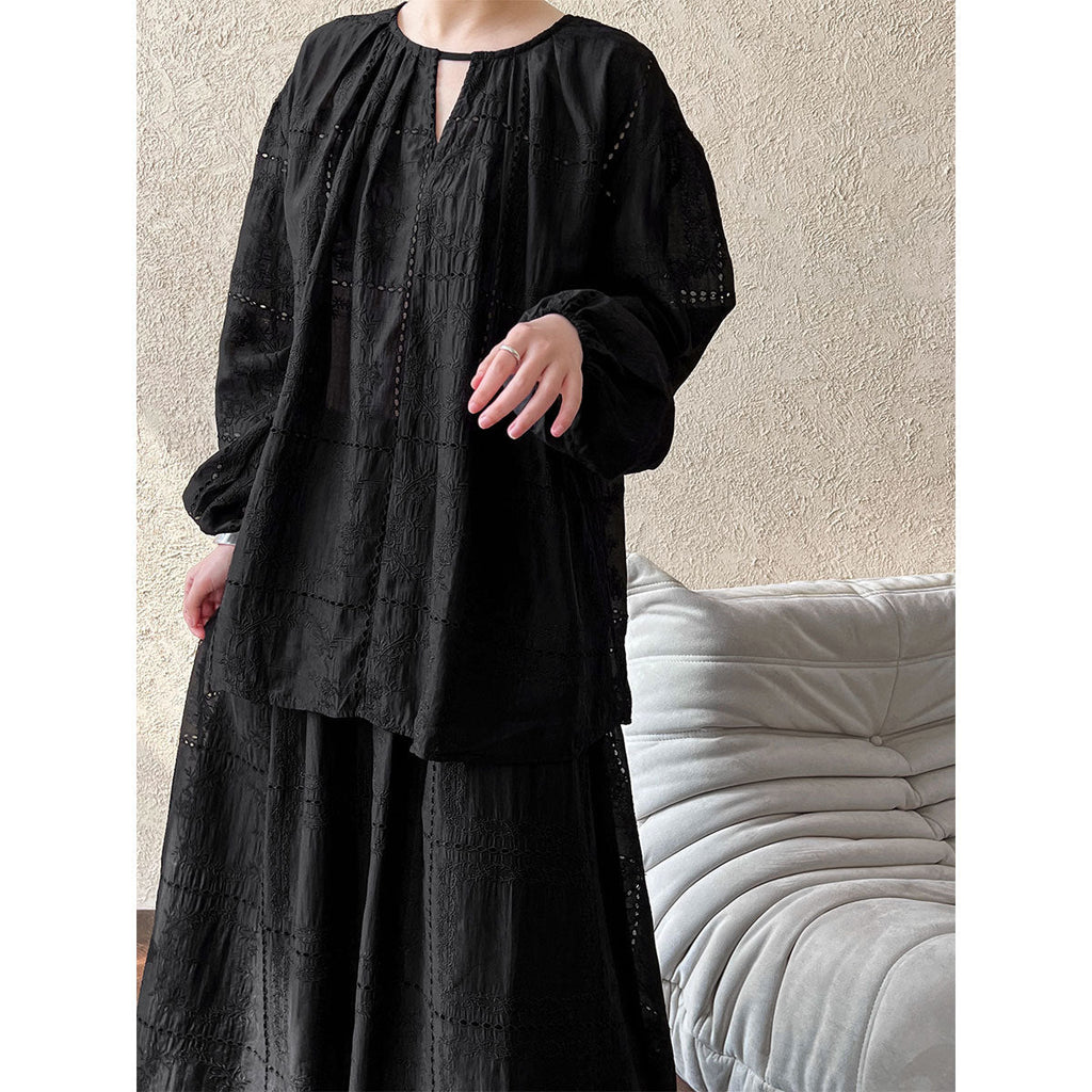 Premium temperament hollow lace embroidered top + skirt