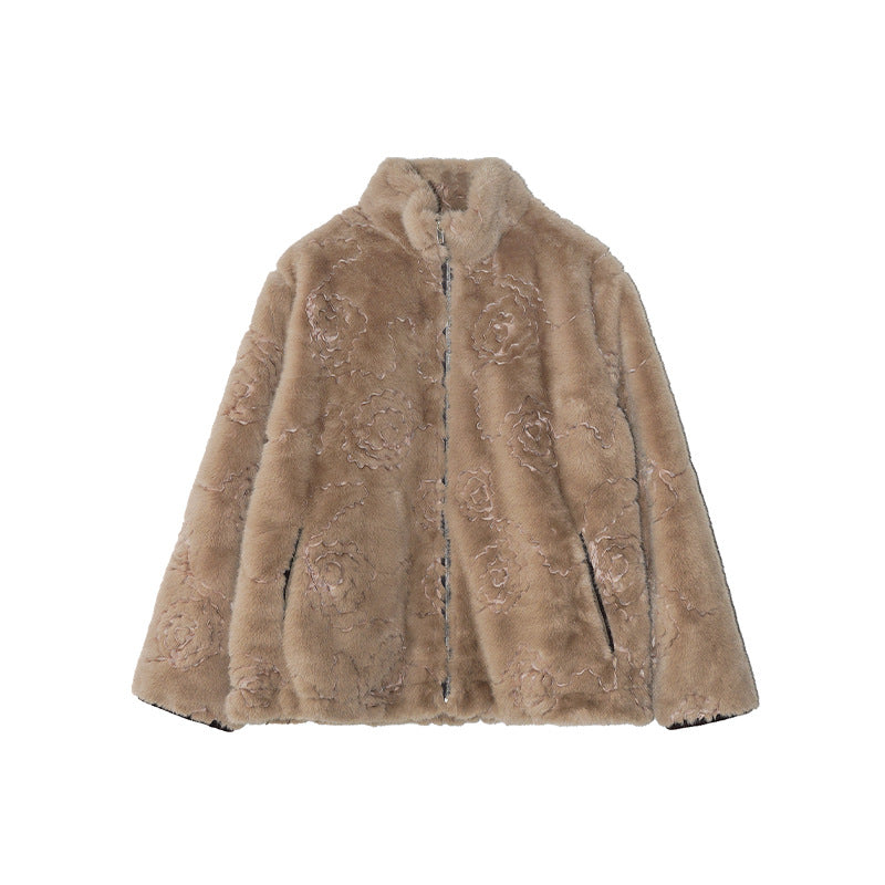 Fur integrated thermal stand-up collar plush short jacket