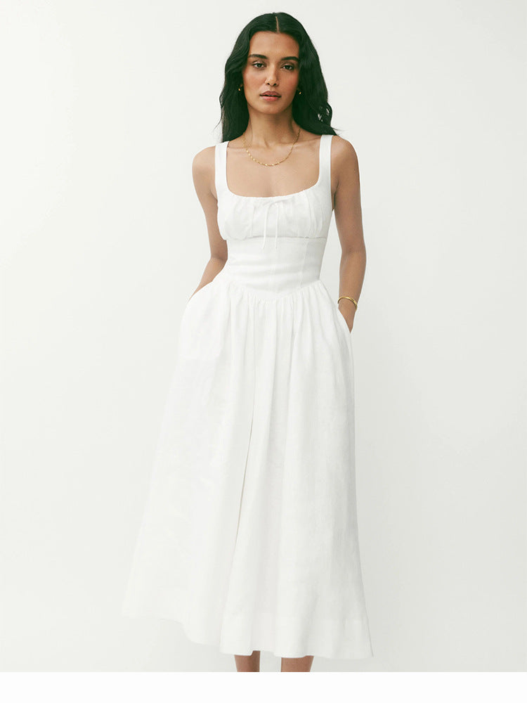 Linen white square collar pure desire style holiday style medium and long French dress
