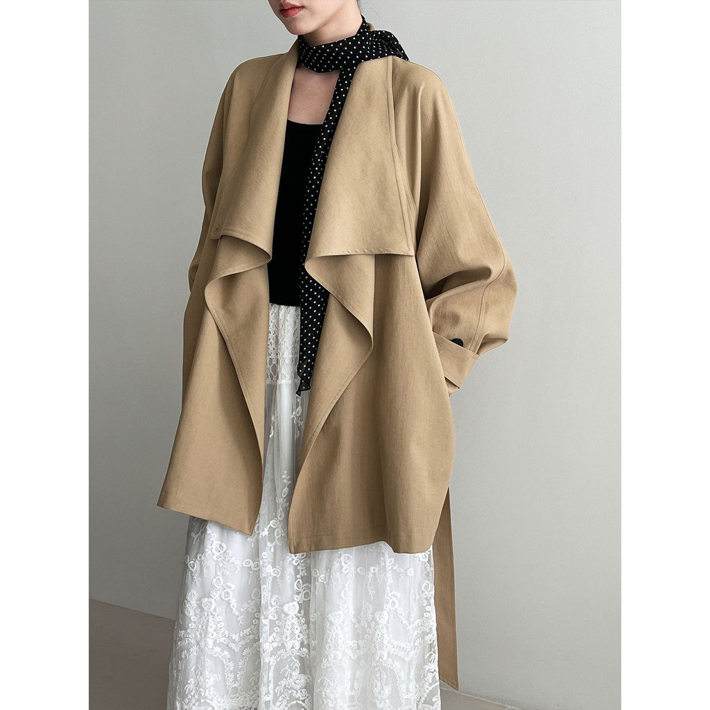 Retro temperament high-end silhouette coat women's 26 spring new lotus leaf lapel trench coat