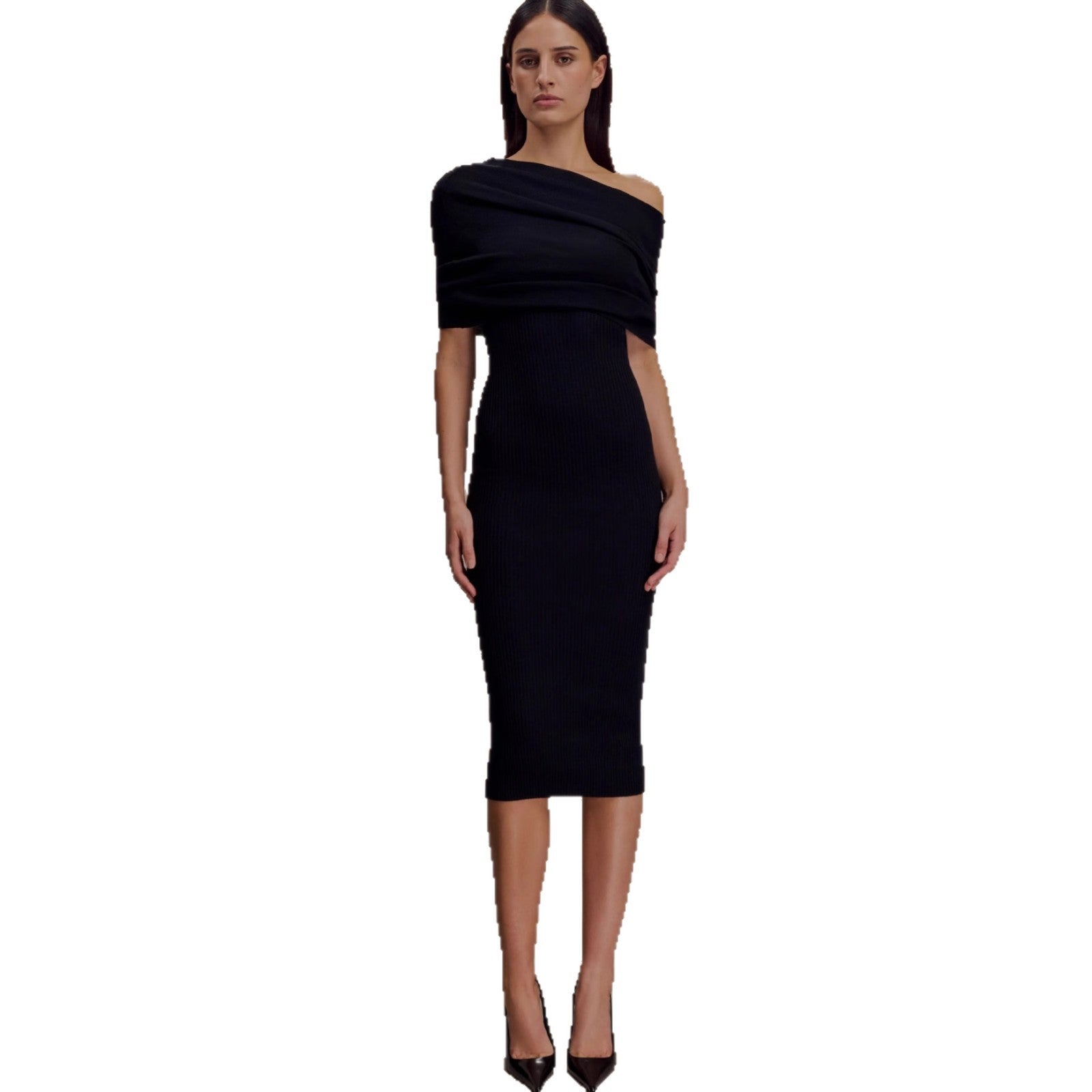 Slim fit solid color one-word shoulder dress