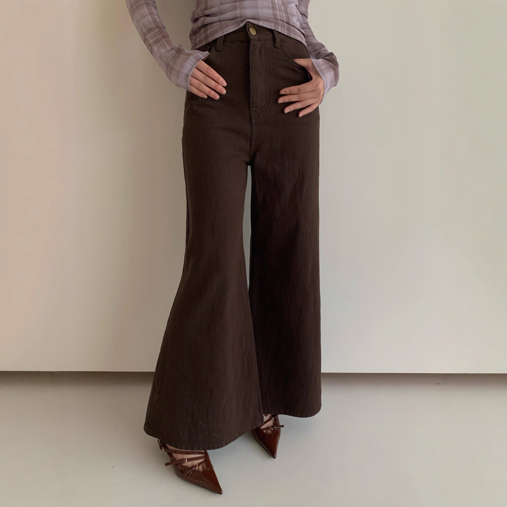 Stylish commuter simple and versatile cotton high-waisted micro-pull jeans