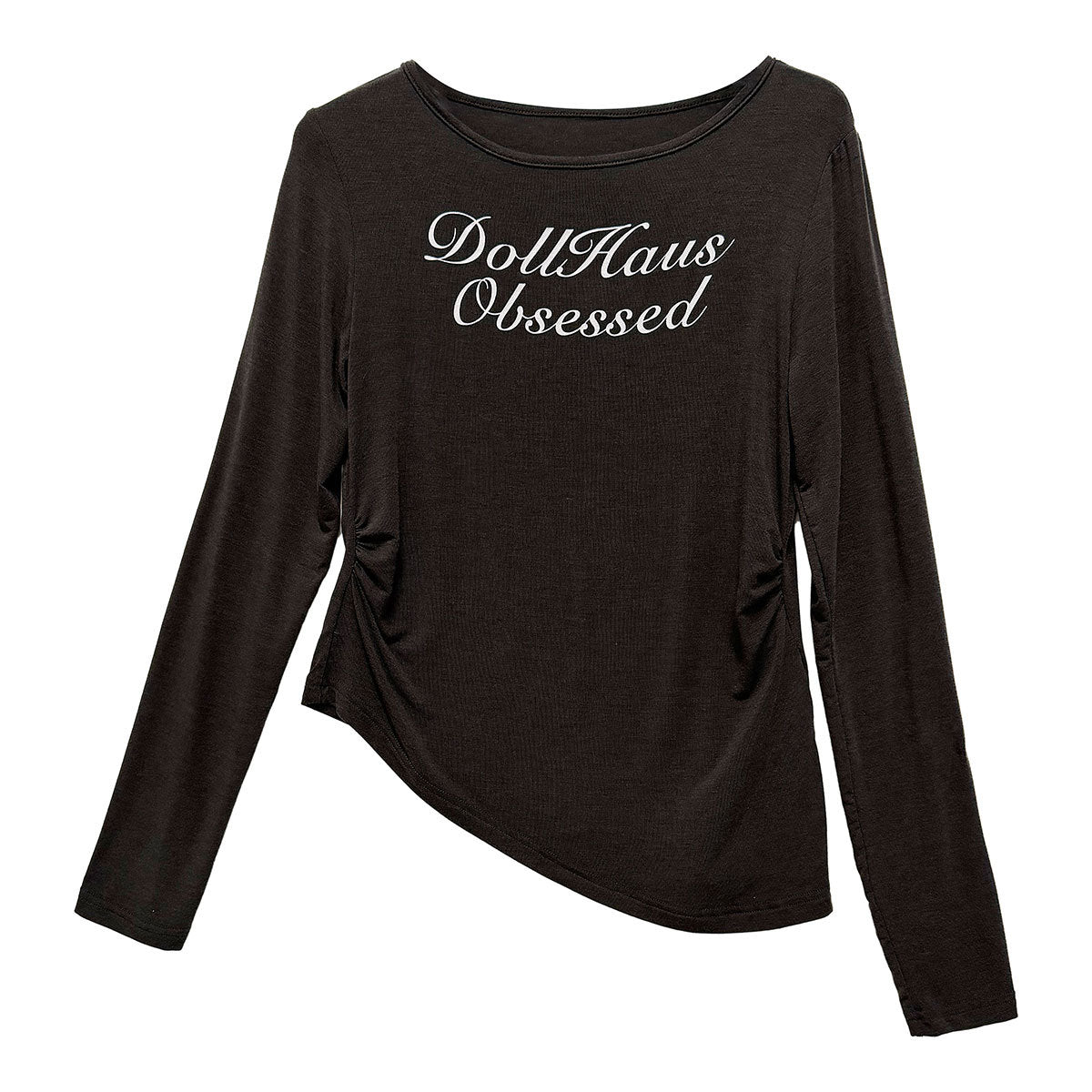 Irregular letter-printed slim-fit bottoming shirt Thin pleated Tencel wool long-sleeved T-shirt