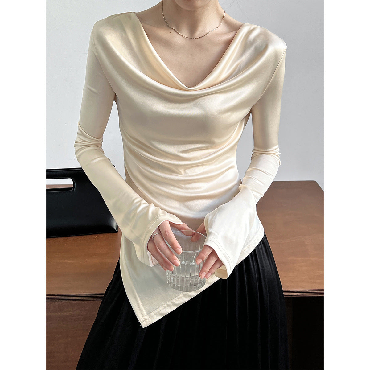 High-end design sense stacked collar irregular long-sleeved acetic acid T-shirt women's pure desire bottoming shirt top 2605
