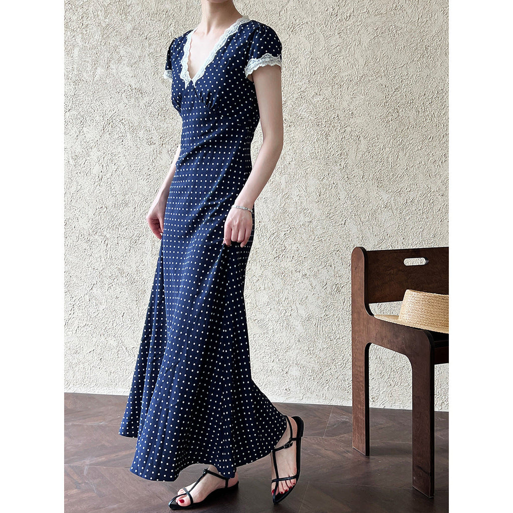French lace splicing dress summer V-neck temperament polka dot waist slim skirt