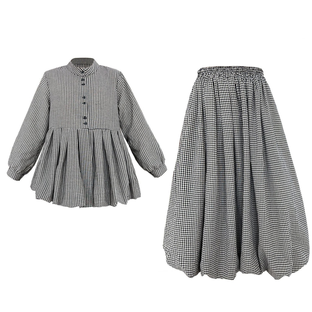 Vintage age-reducing plaid doll shirt top + bud skirt two-piece spring suit
