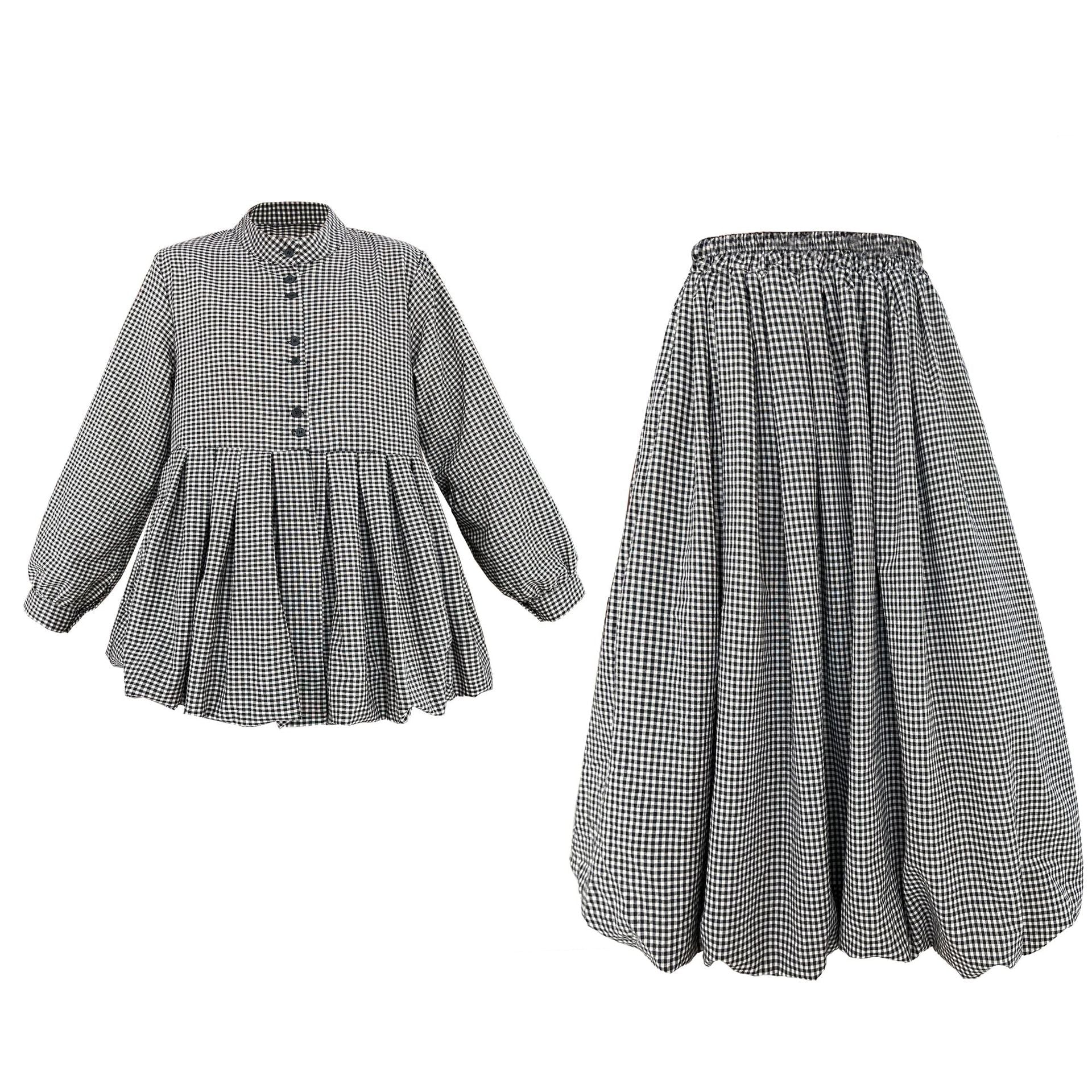 Vintage age-reducing plaid doll shirt top + bud skirt two-piece spring suit