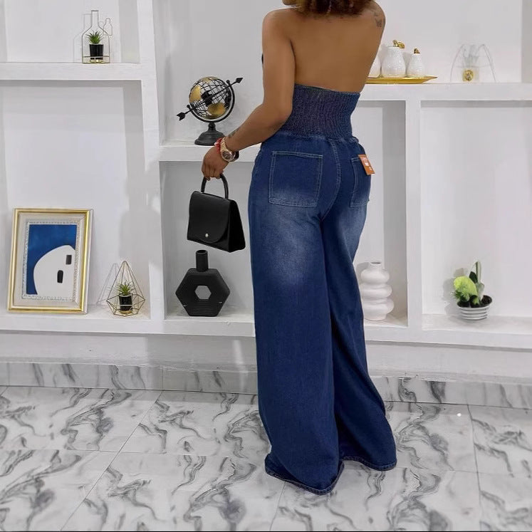 Halter Neck Denim Jumpsuit Women Mid Waist Wide Leg Backless Romper