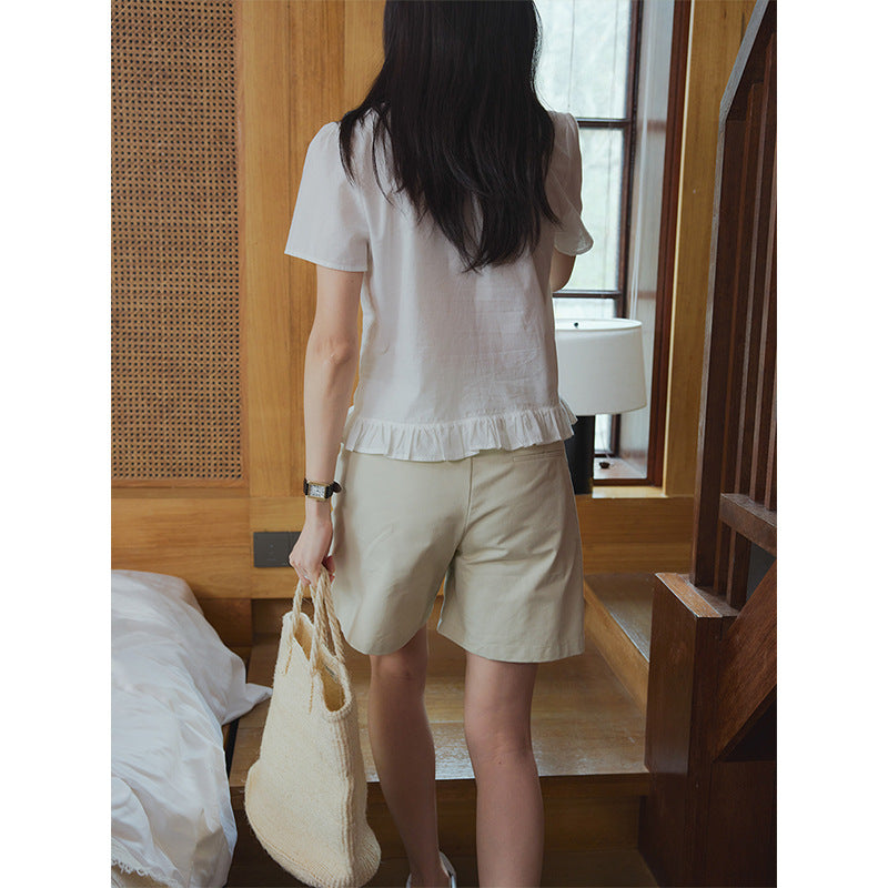 Heavy industry lace splicing round neck meat-covering and thin shirt summer short sleeves