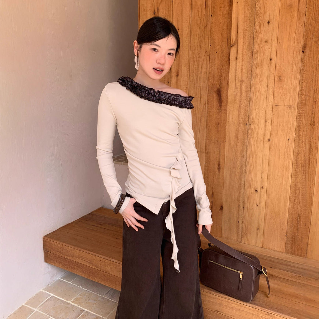 Women's Slash Shoulder Fungus Edge Long Sleeve Cotton Shirt