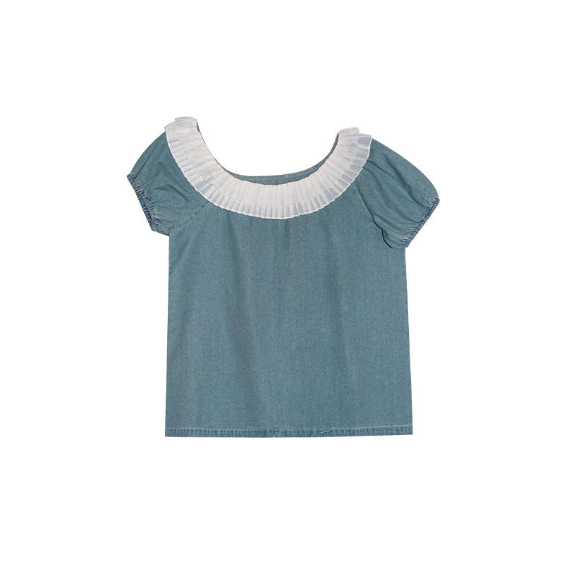 French style retro shirt women's fungus edge denim slanted shoulder top