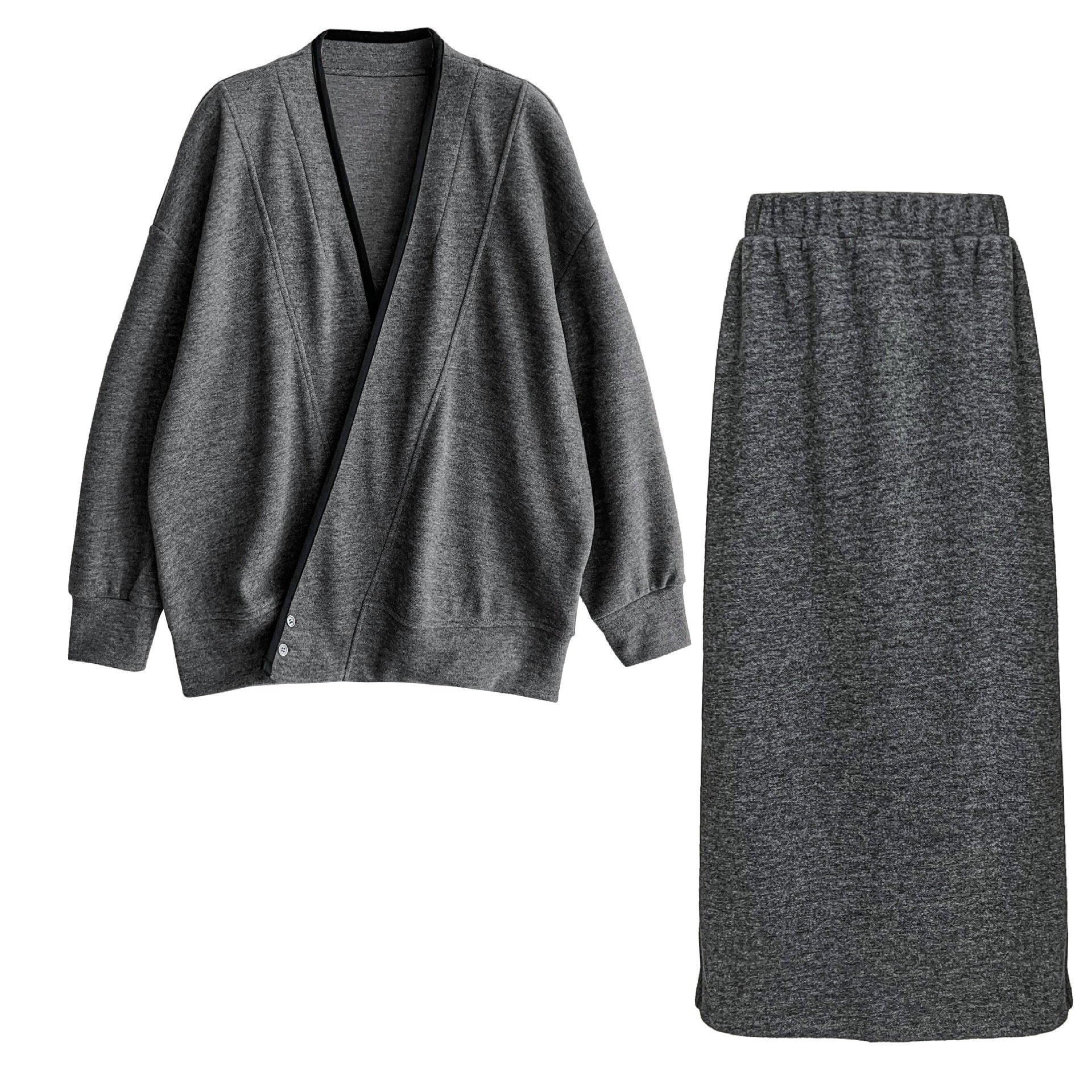 Soft waxy wool diagonal placket splicing top + high waist skirt two-piece women's autumn suit