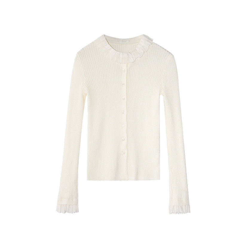 Sweet age-reducing pit strip fungus edge knitted cardigan sweater
