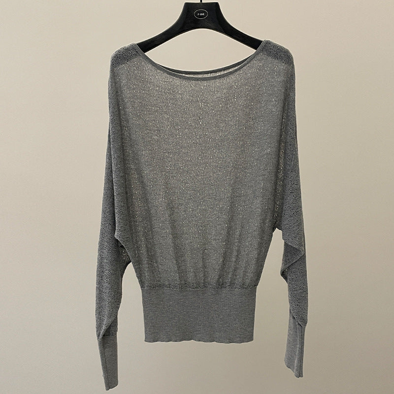 Spring and summer skin care thin one-word neck loose long-sleeved knitted blouse