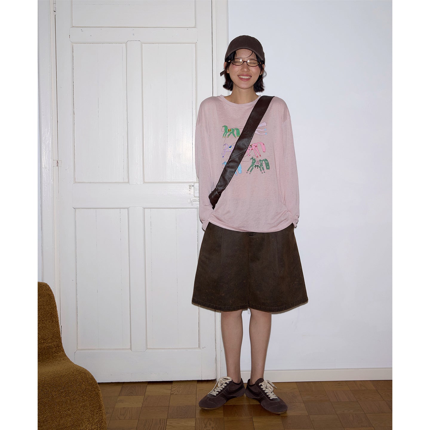 Flax mulberry silk pony print embroidered T-shirt
