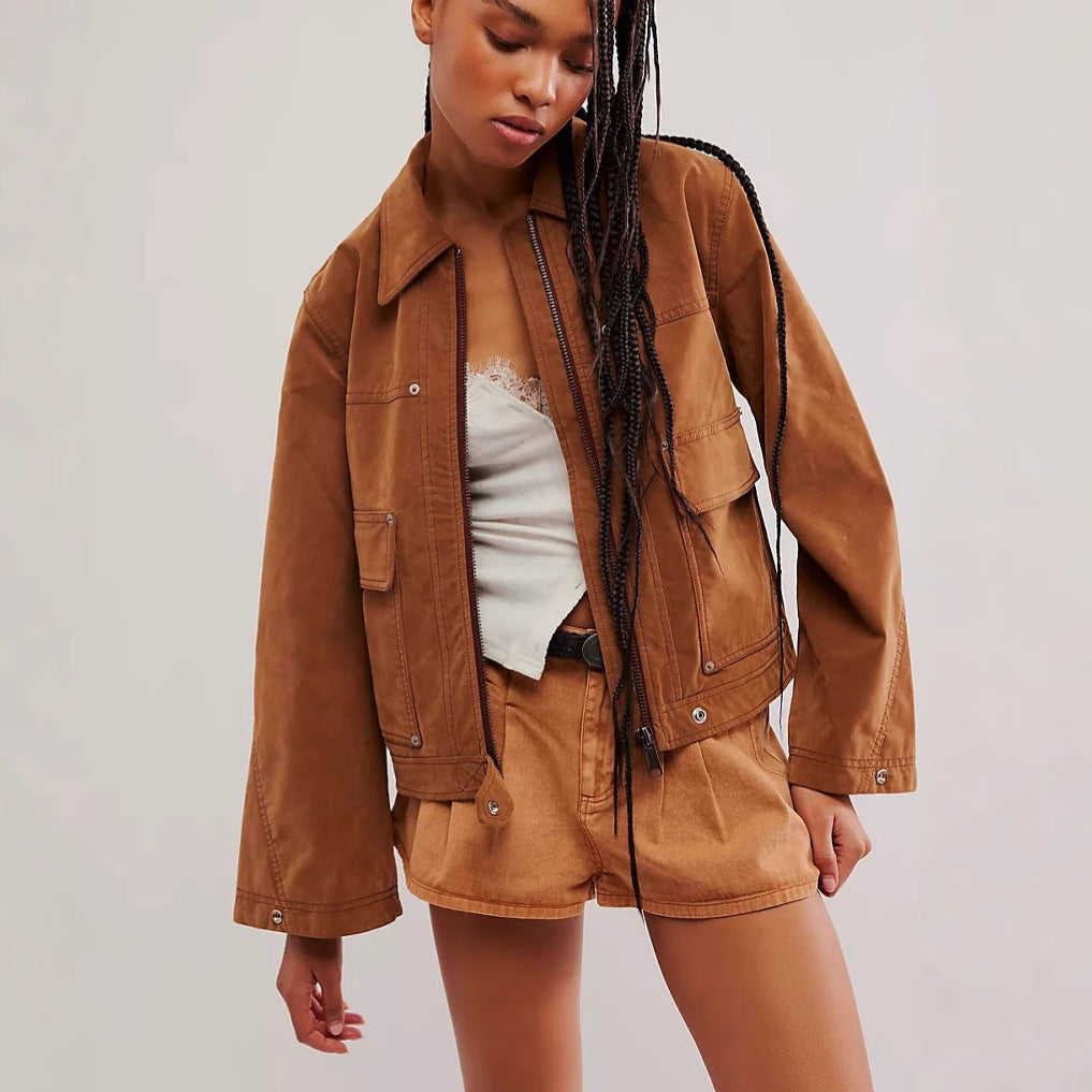 Brown Suede Maillard Jacket Women's Motorcycle Slim Fit Jacket