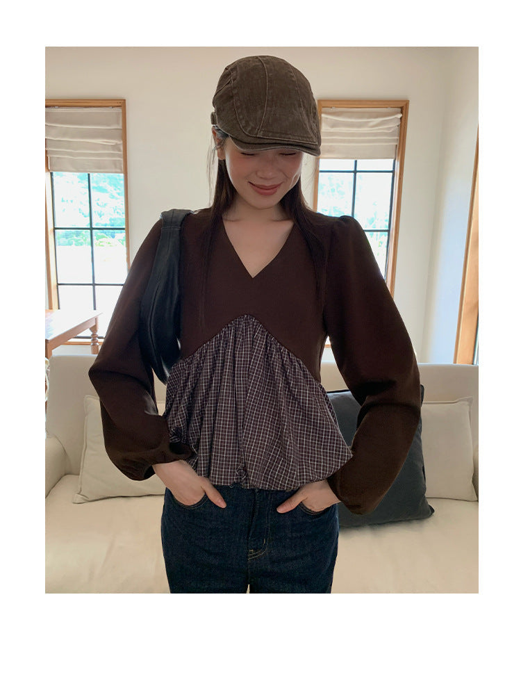Sweet hem stitching long-sleeved v-neck top shirt