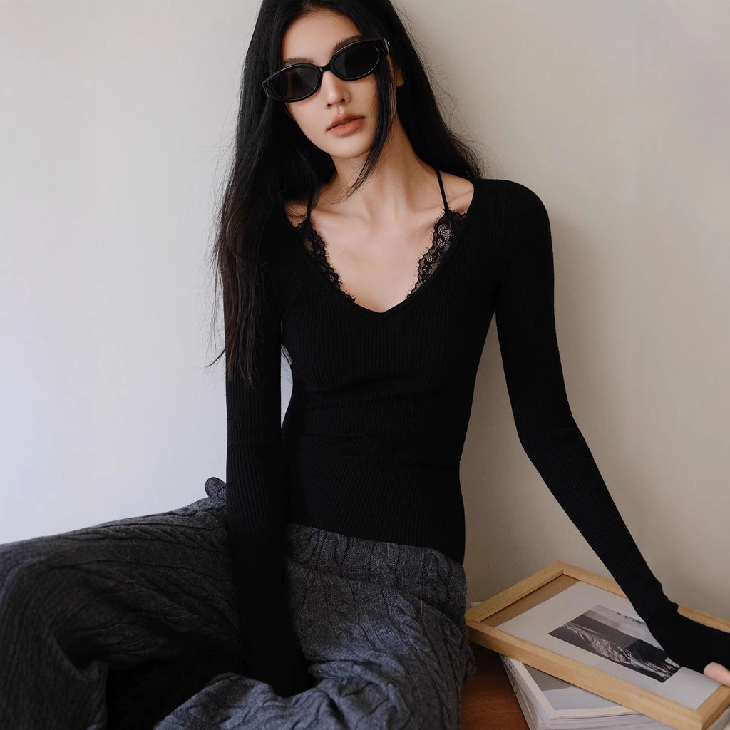 French Lace Trim Wool Knit Top | V-Neck Slim Fit Stretch Base Layer