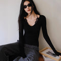 French Lace Trim Wool Knit Top | V-Neck Slim Fit Stretch Base Layer