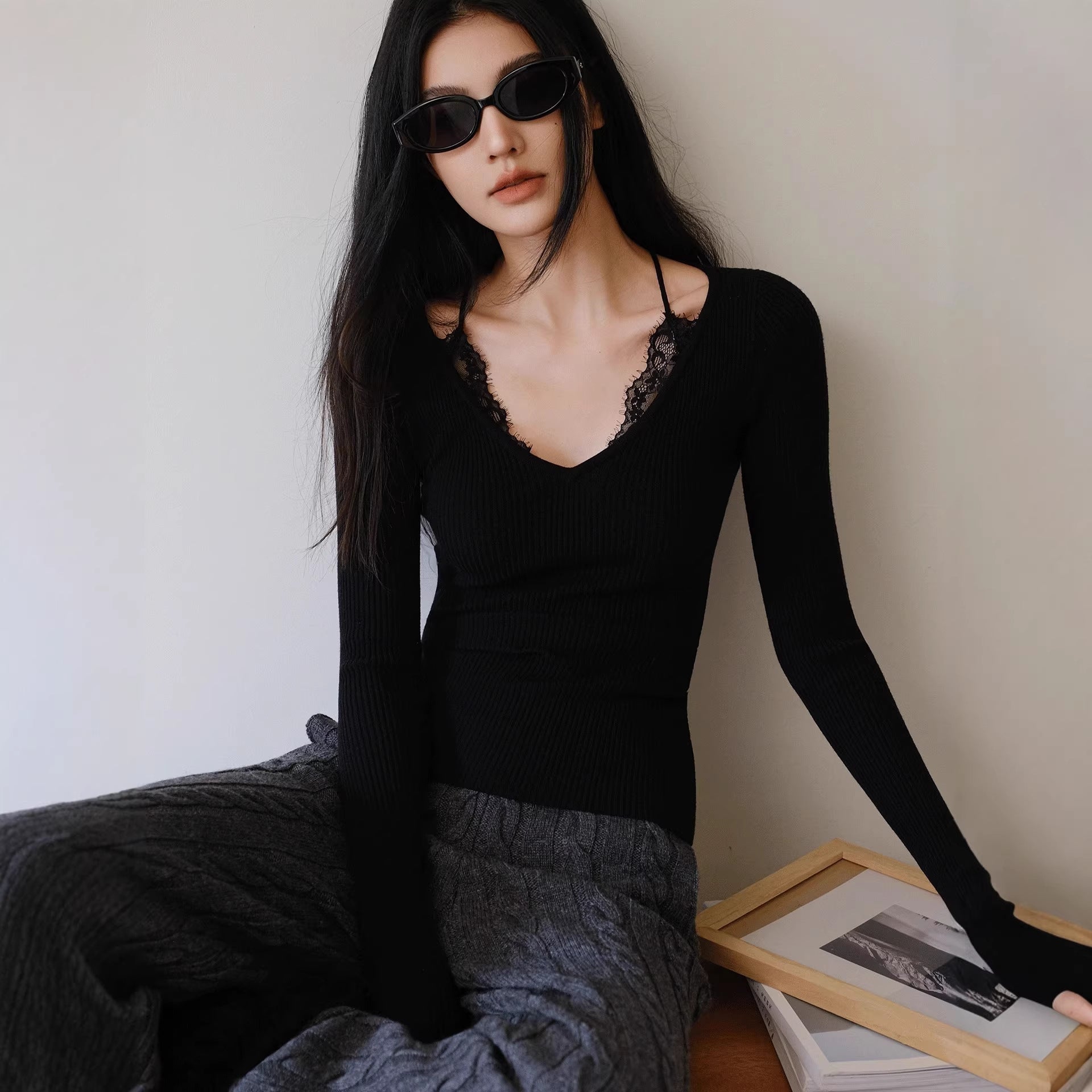 French Lace Trim Wool Knit Top | V-Neck Slim Fit Stretch Base Layer