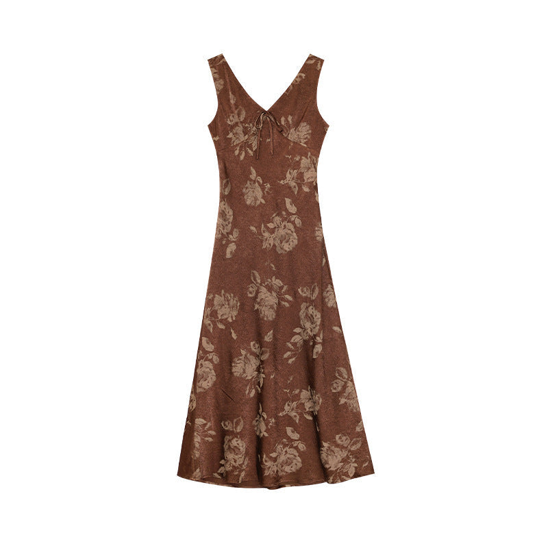 Autumn French retro rose print V-neck temperament sleeveless dress