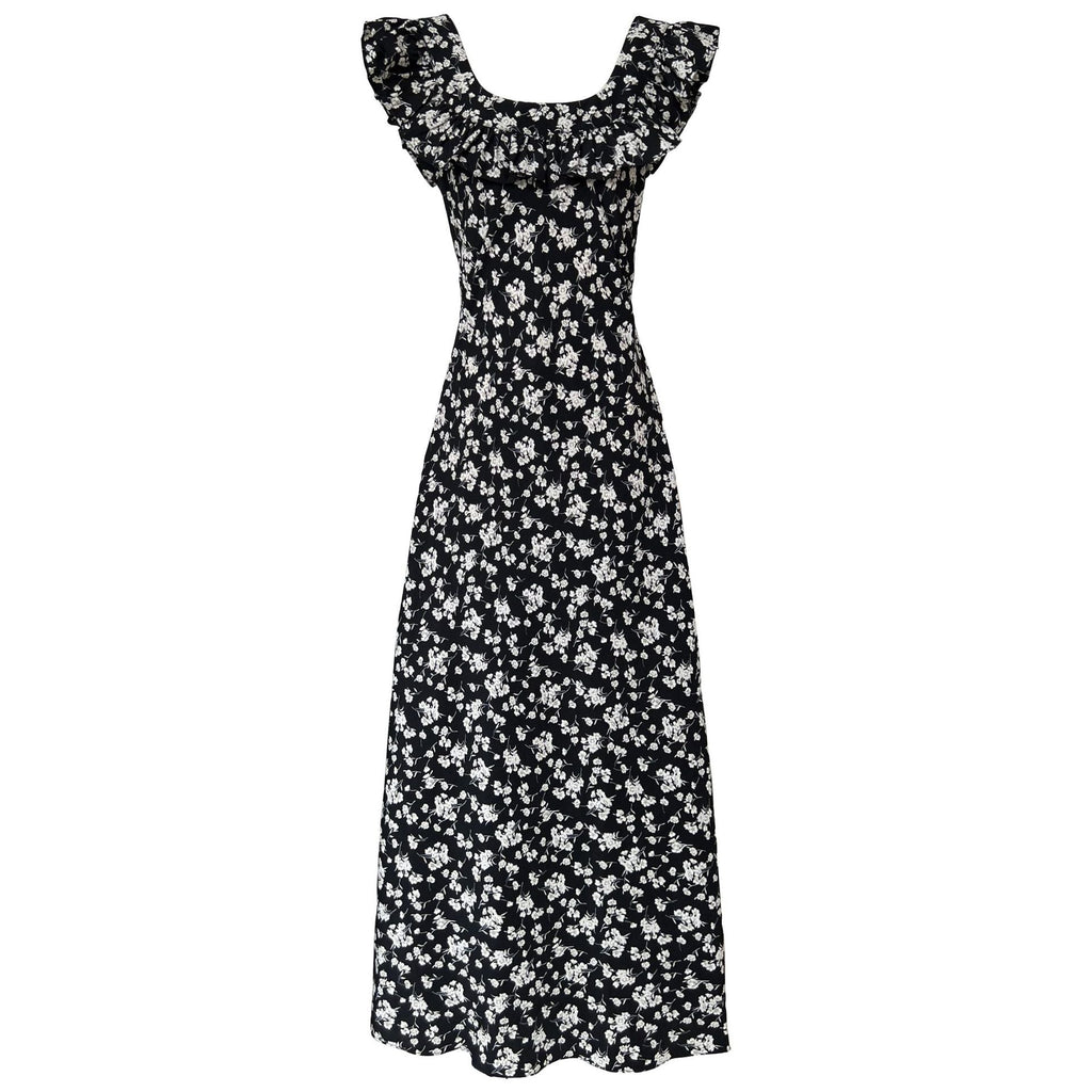 Square collar ruffle edge floral dress women's summer flying sleeves temperament Hepburn vest skirt
