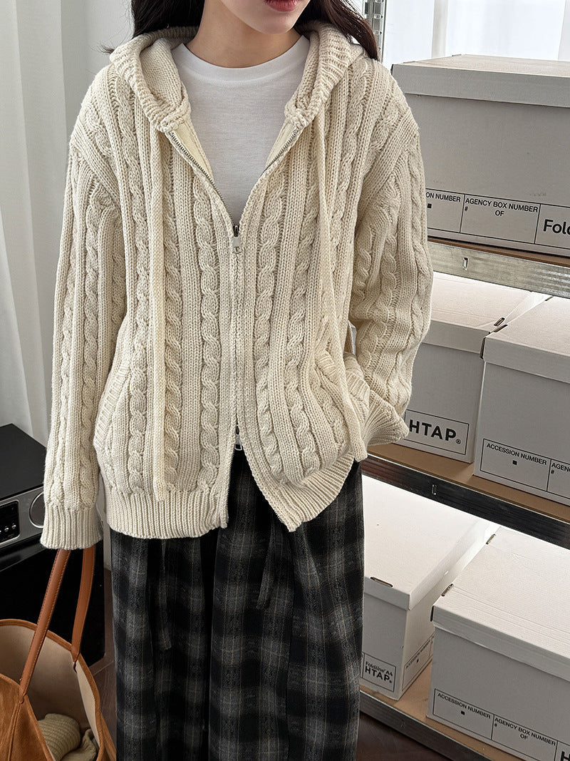 American retro cable knit hooded double zipper sweater cardigan for women - thick chunky knit fall/winter outerwear