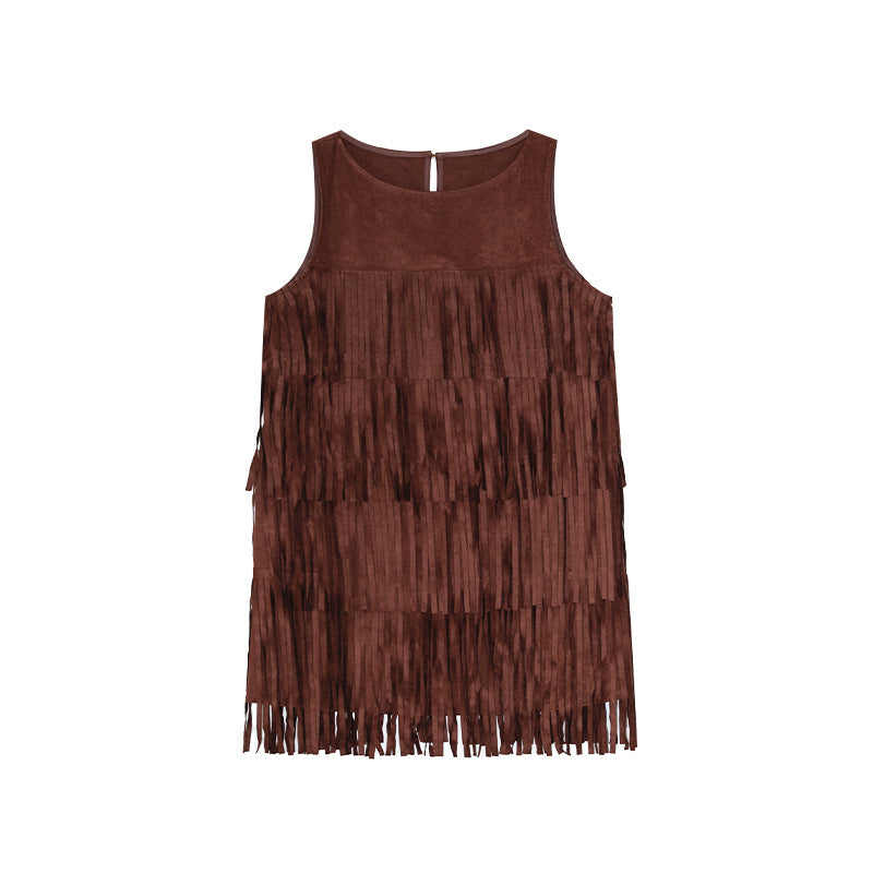 Bohemian temperament heavy industry fringed sleeveless vest dress