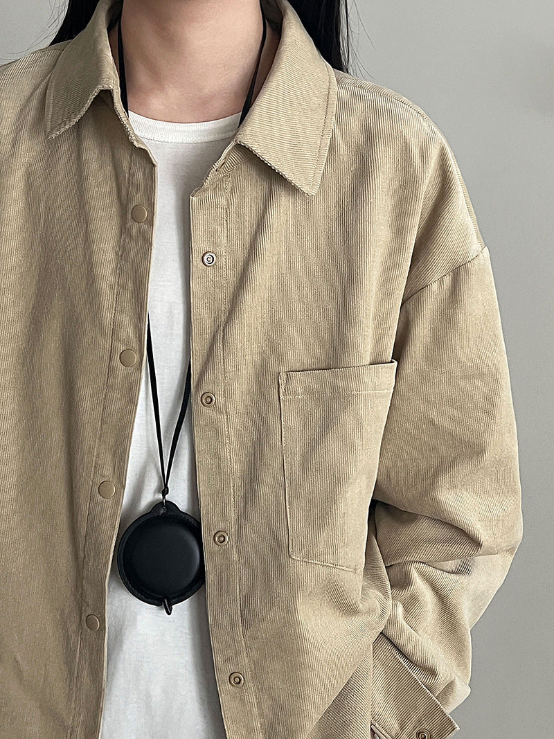 Korean lapel corduroy shirt top women's autumn new retro loose lazy coat