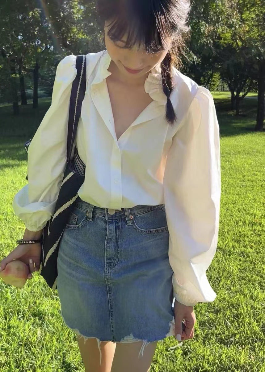 Silk white ruffle collar bubble sleeve shirt