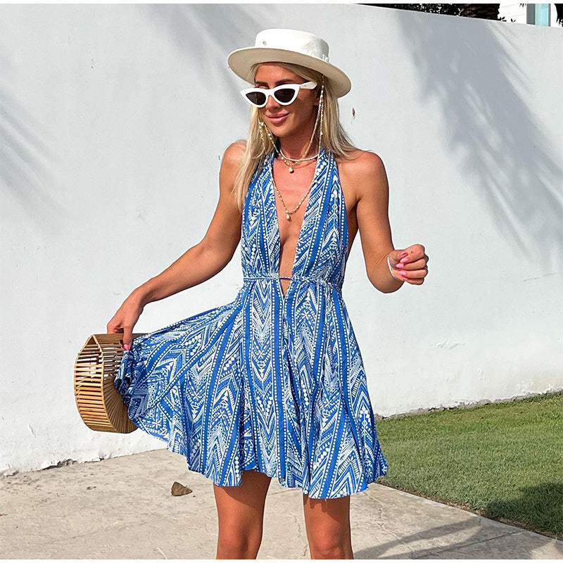 Summer Vacation Hot Girls Sexy Halter Collar Print Neck Beach Dress