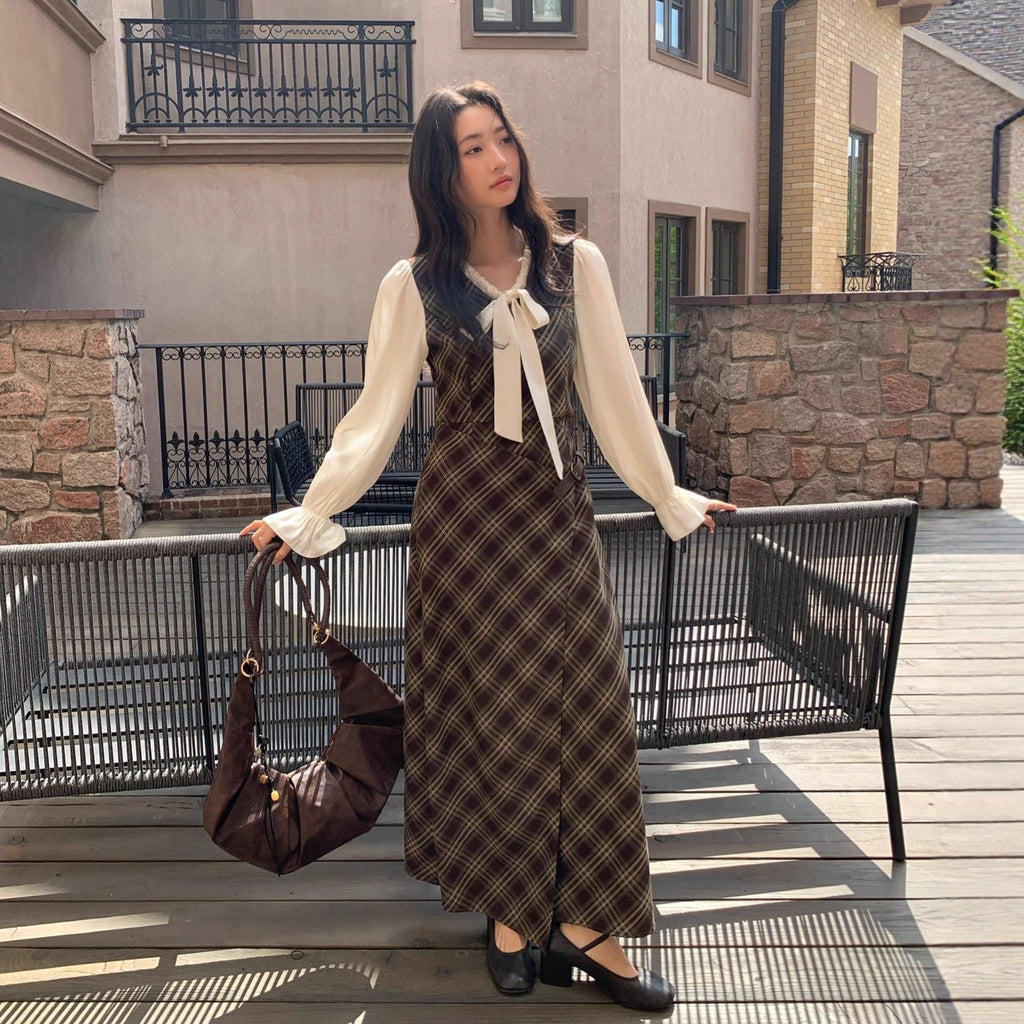 Temperament plaid leather buckle strap fake two-piece dress