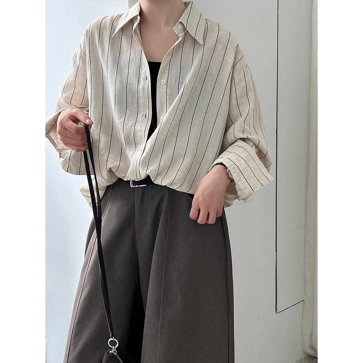 Korean casual temperament striped linen long-sleeved shirt jacket women's early autumn new old money style top
