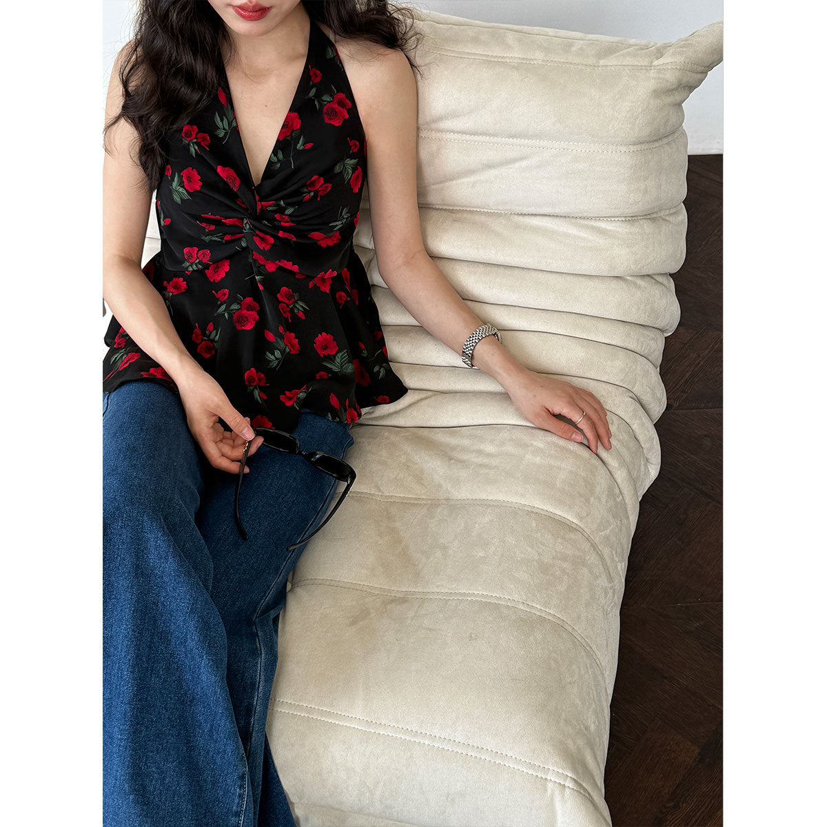 French romantic V-neck floral neck waist shirt women's summer new ruffle edge vest top 3599