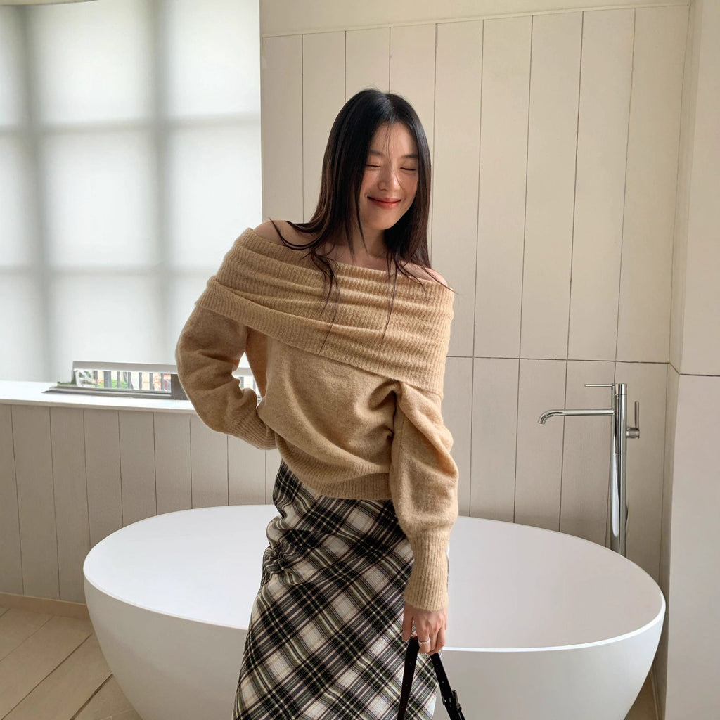Lazy Korean fashion one-word shoulder long-sleeved pullover sweater