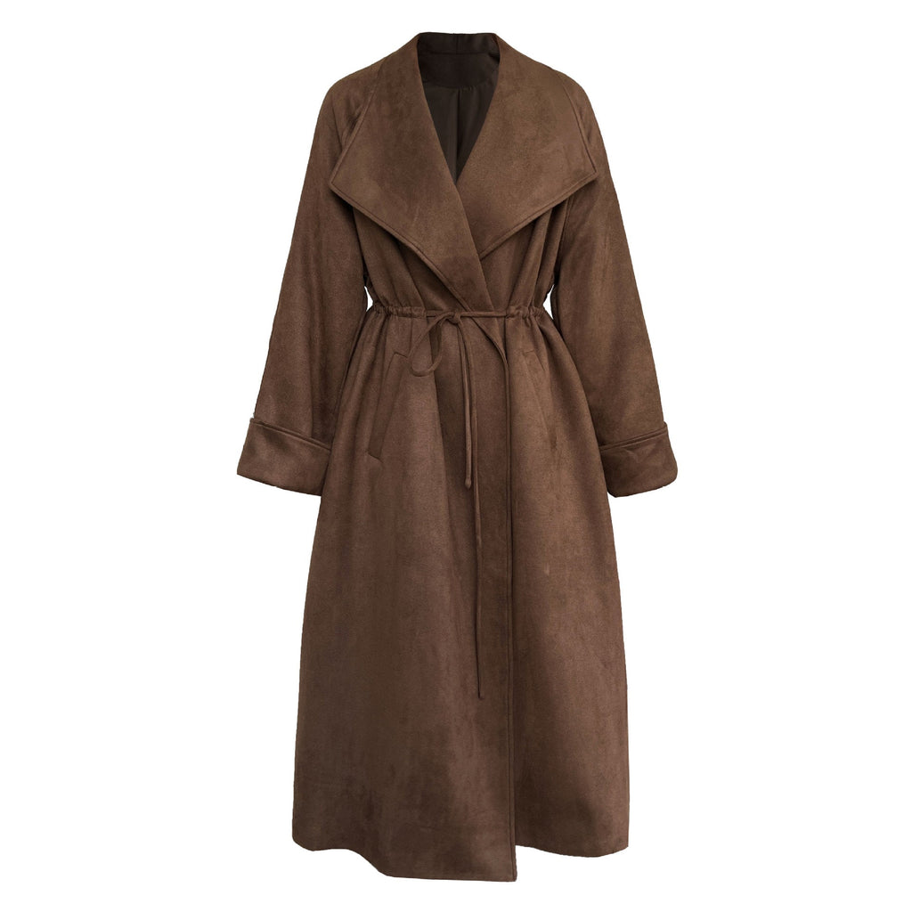 High-end silhouette long windbreaker relaxed drawstring plaid large lapel outwear women's autumnew arrival