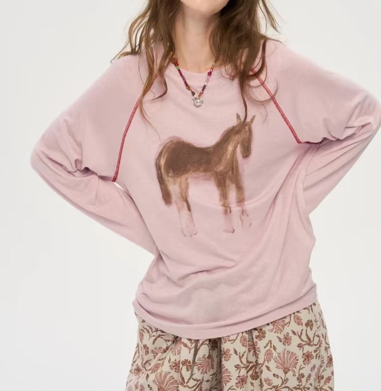 Hand-Painted Print Drop Shoulder Long Sleeve Top | Round Neck Loose Fit