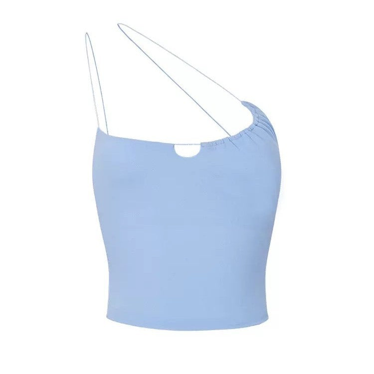 Off-Shoulder T-Shirt Women Sleeveless Round Neck Chest Pad Top